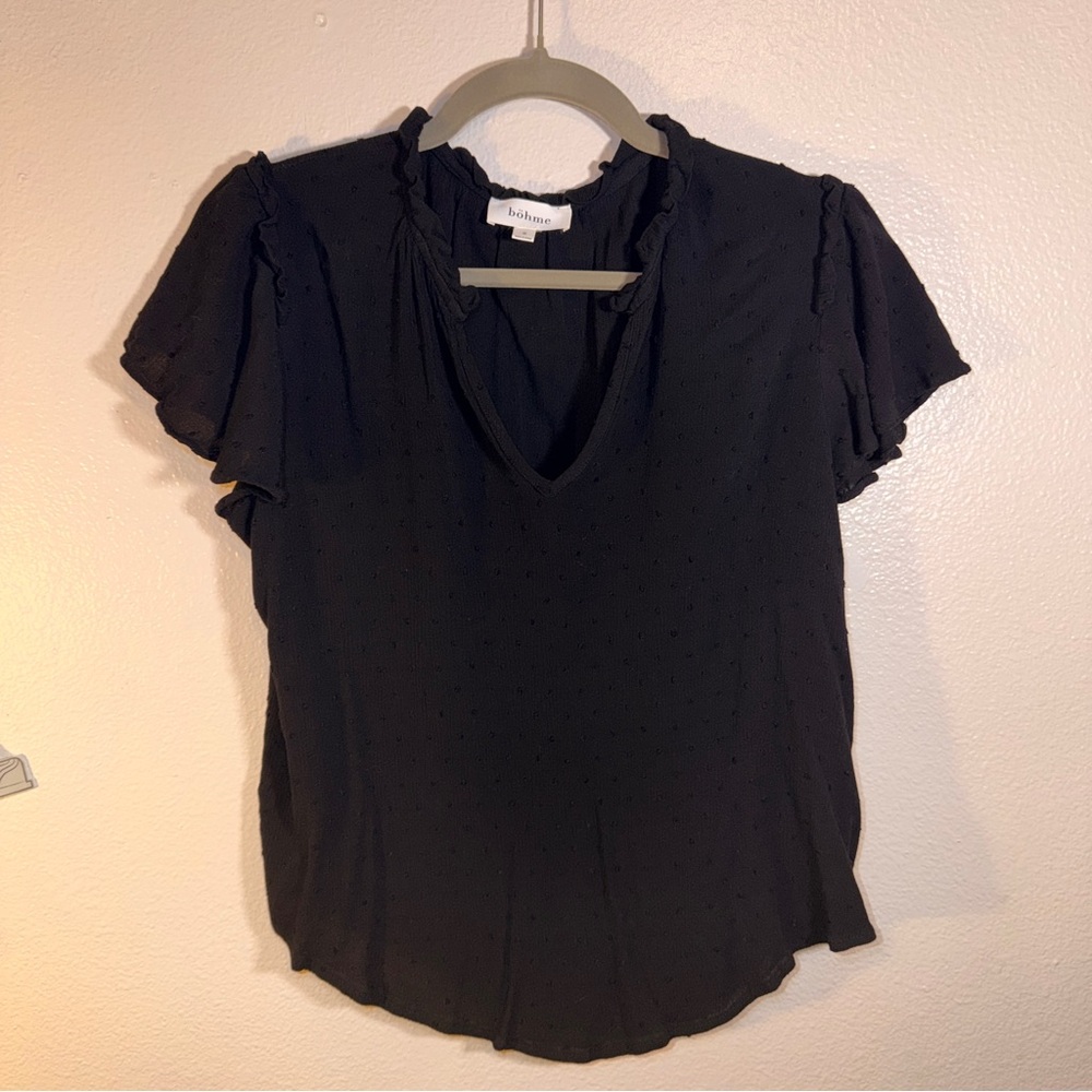 Böhmé Black Swiss Dot Flutter Sleeve Blouse Size Small